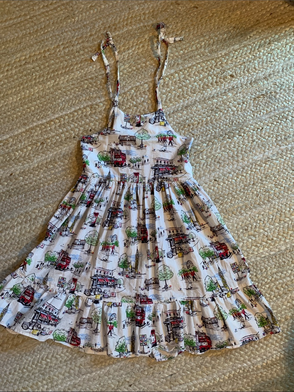 White Girls' Cotton Sundress with London City Print and Adjustable Ties